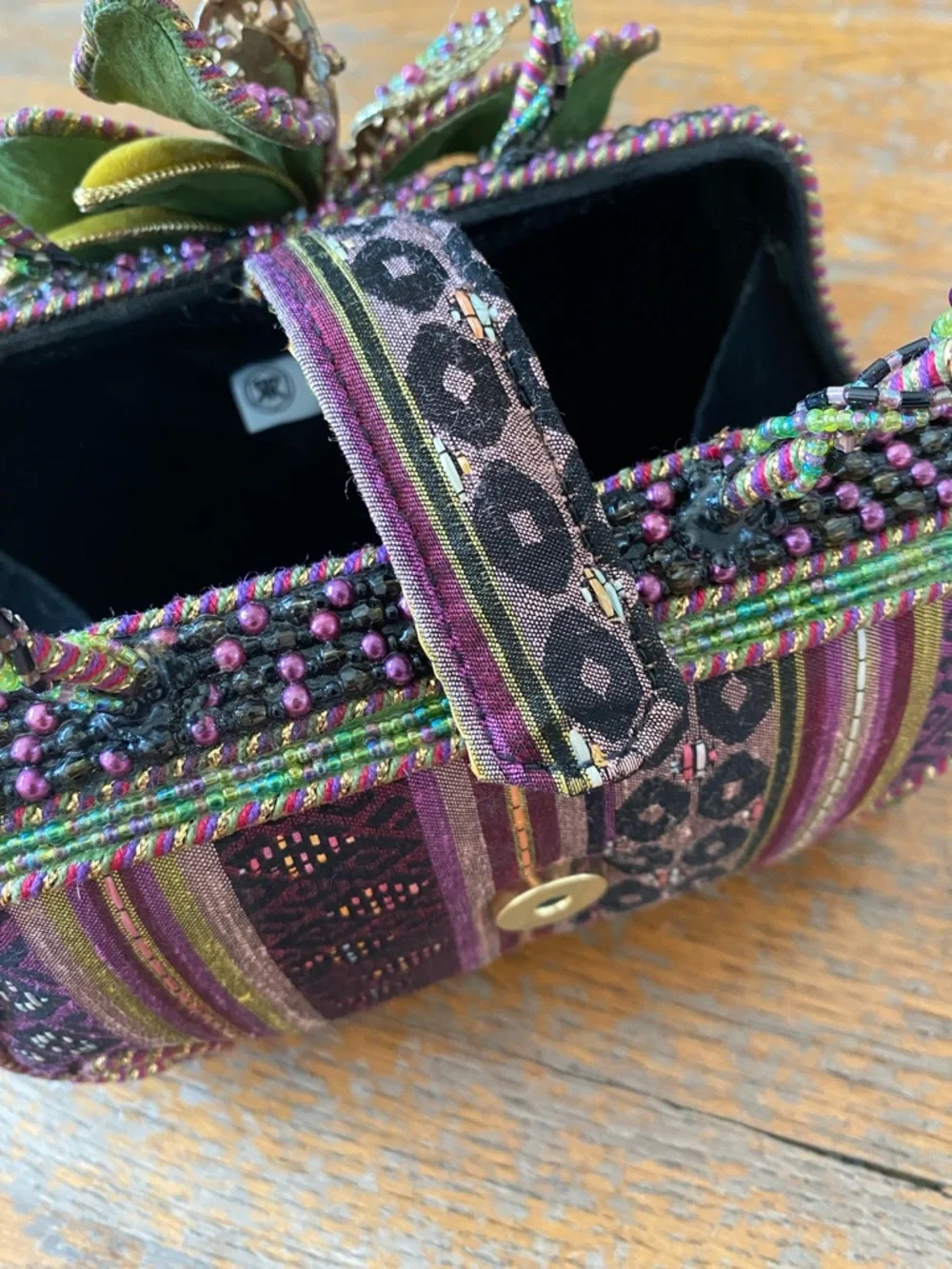 Mary Frances Hand Beaded 3D Floral Handle Evening Bag in Purple & Green - Picture 8 of 10